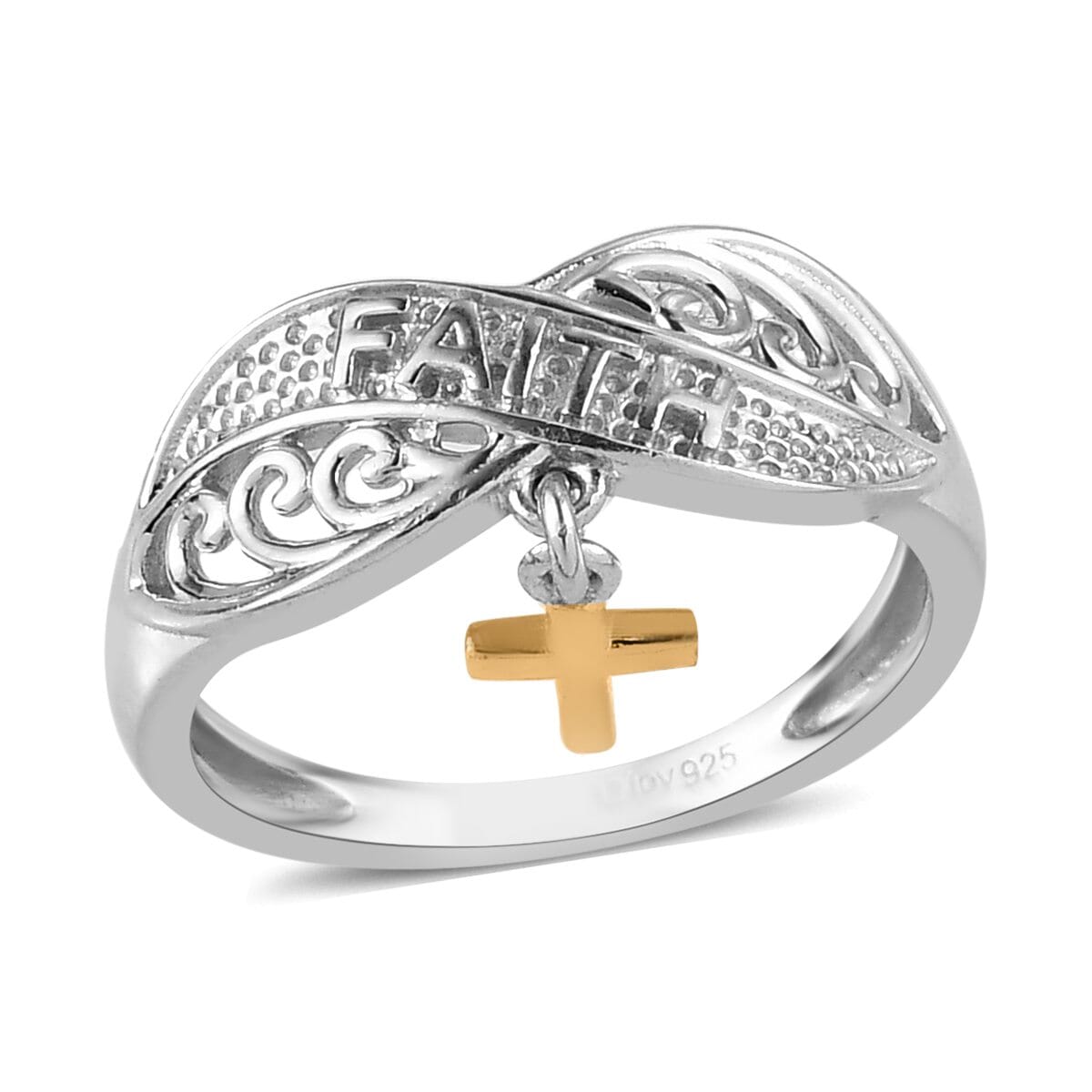 Vermeil Yellow Gold and Platinum Over Sterling Silver Cross Charm Ring 2.40 Grams