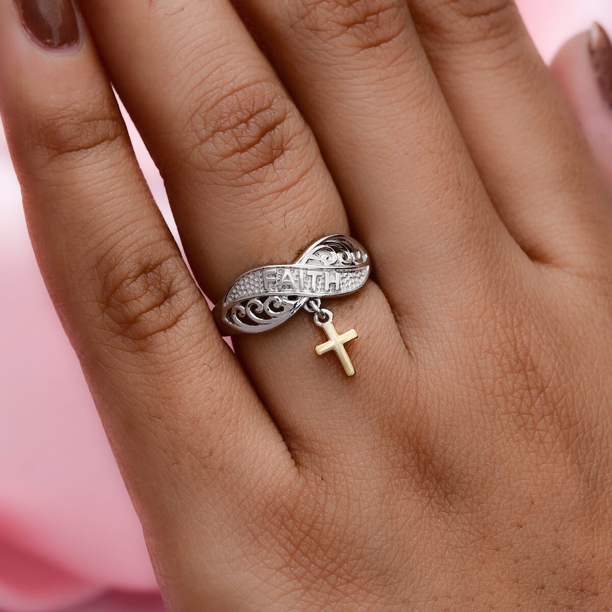 Vermeil Yellow Gold and Platinum Over Sterling Silver Cross Charm Ring 2.40 Grams
