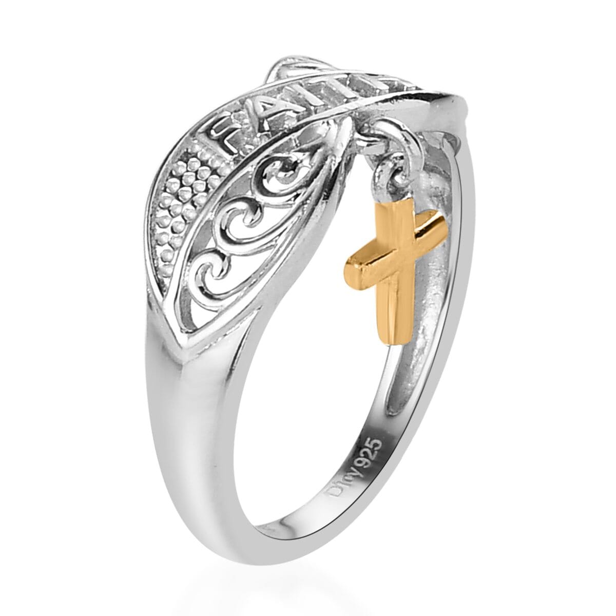 Vermeil Yellow Gold and Platinum Over Sterling Silver Cross Charm Ring 2.40 Grams