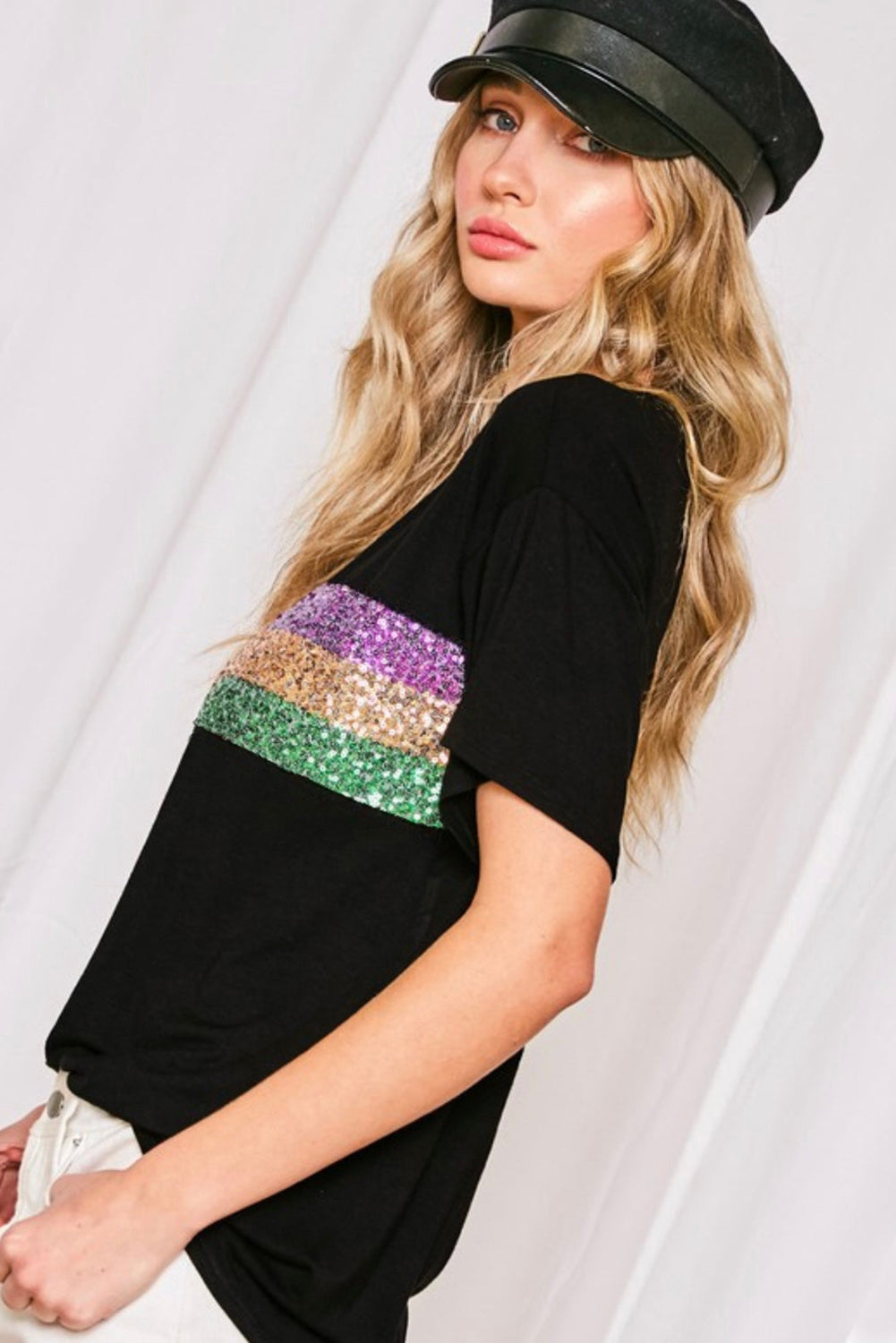 White Sequin Stripes Patchwork Mardi Gras Crew Neck T Shirt
