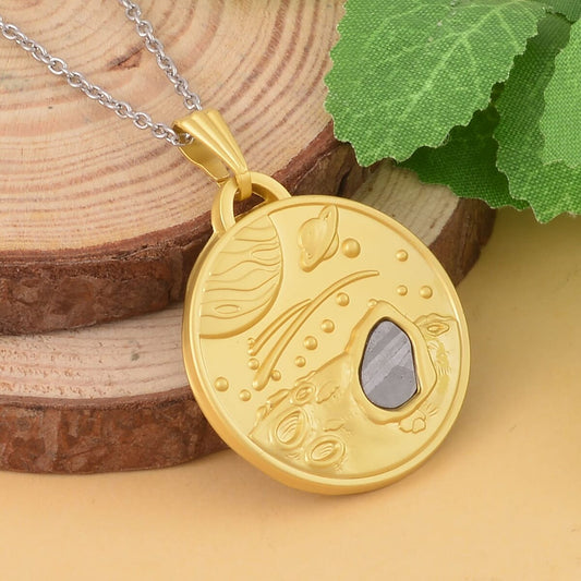 Muonionalusta Marvelous Meteorite Specimen Galaxy Pendant in Goldtone with Stainless Steel Necklace 20 Inches