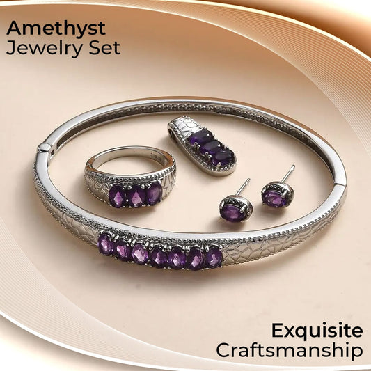 Amethyst Jewelry Set of Bangle Bracelet, 3 Stone Ring, Pendant and Stud Earrings, Stainless Steel Jewelry Set, Gifts For Her 6.25 ctw