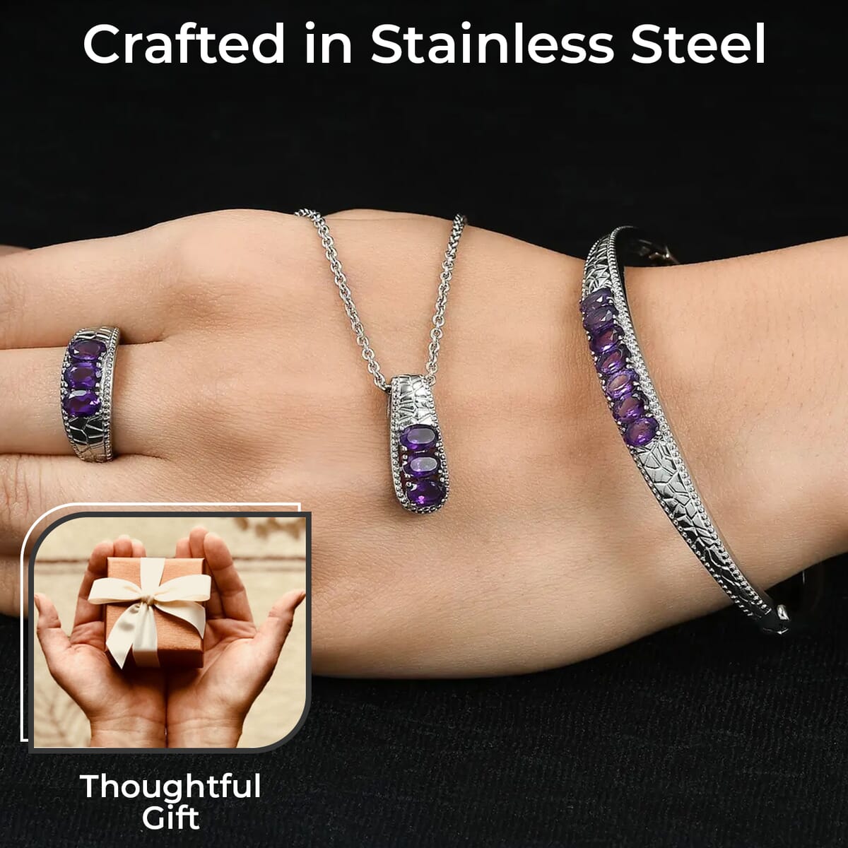 Amethyst Jewelry Set of Bangle Bracelet, 3 Stone Ring, Pendant and Stud Earrings, Stainless Steel Jewelry Set, Gifts For Her 6.25 ctw