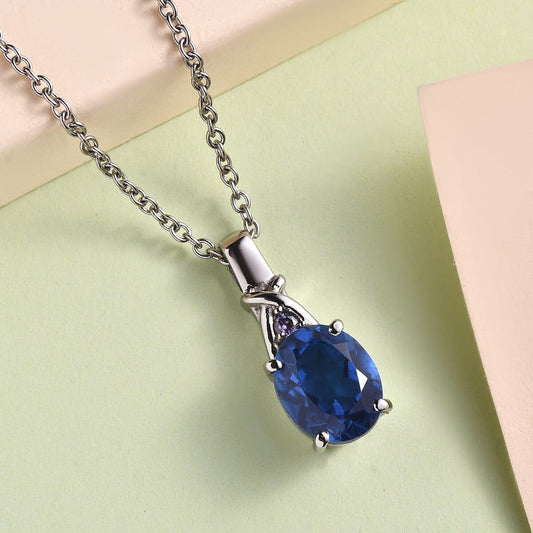 Ceylon Color Quartz (Triplet) and Simulated Tanzanite Diamond 2.90 ctw Pendant Necklace in Stainless Steel 20 Inches
