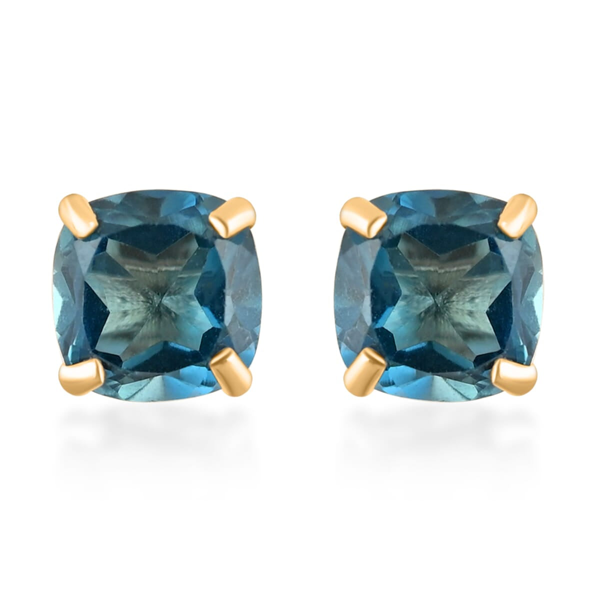 14K Yellow Gold London Blue Topaz Cushion Stud Earrings 0.80 ctw
