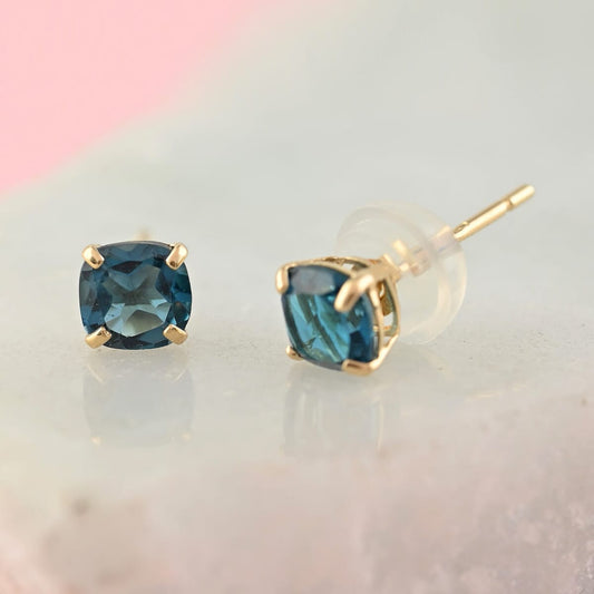 14K Yellow Gold London Blue Topaz Cushion Stud Earrings 0.80 ctw