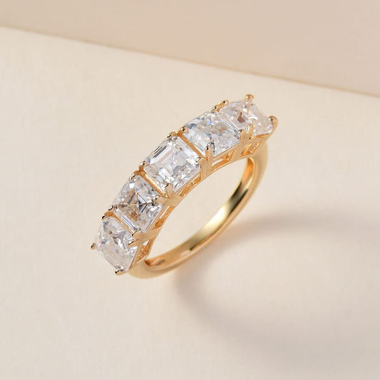 Asscher Cut Moissanite 5 Stone Ring, Moissanite Ring, Vermeil Yellow Gold Over Sterling Silver Ring 3.35 ctw