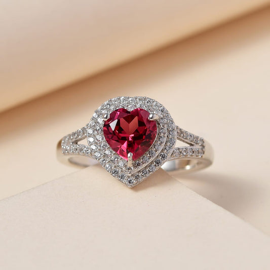 Lab Created Padparadscha Sapphire Ring |White Zircon Accent Ring | Heart Ring | Double Halo Ring | Platinum Over Sterling Silver Ring | Wedding Ring 2.25 ctw