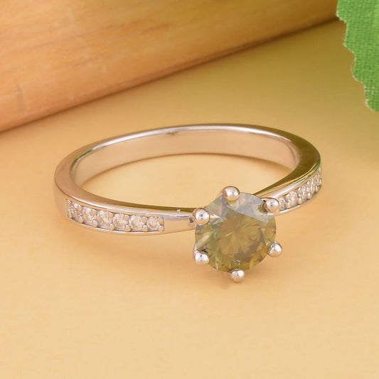 Olive Green and White Moissanite Ring in Rhodium Over Sterling Silver 1.15 ctw