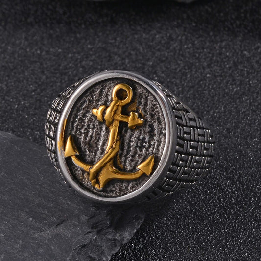 Anchor Carved Men's Ring in Dualtone Stainless Steel