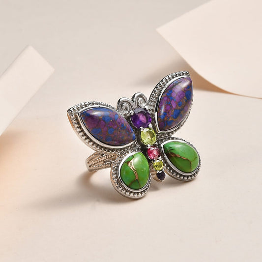 Mojave Purple Turquoise and Multi Gemstone Butterfly Ring in Stainless Steel 9.10 ctw