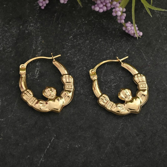 14K Yellow Gold Claddagh Hoop Earrings (0.50 g)