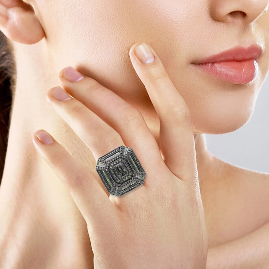 Green Diamond (IR) Art Deco Ring in Platinum Over Sterling Silver