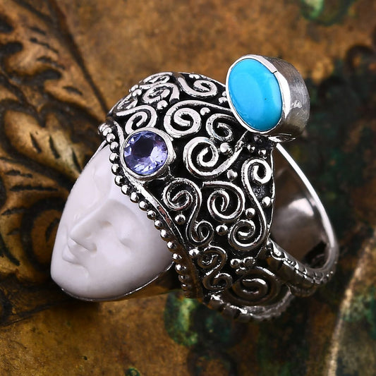 Bali Goddess Carved Bone and Multi Gemstone 1.00 ctw Ring in Sterling Silver