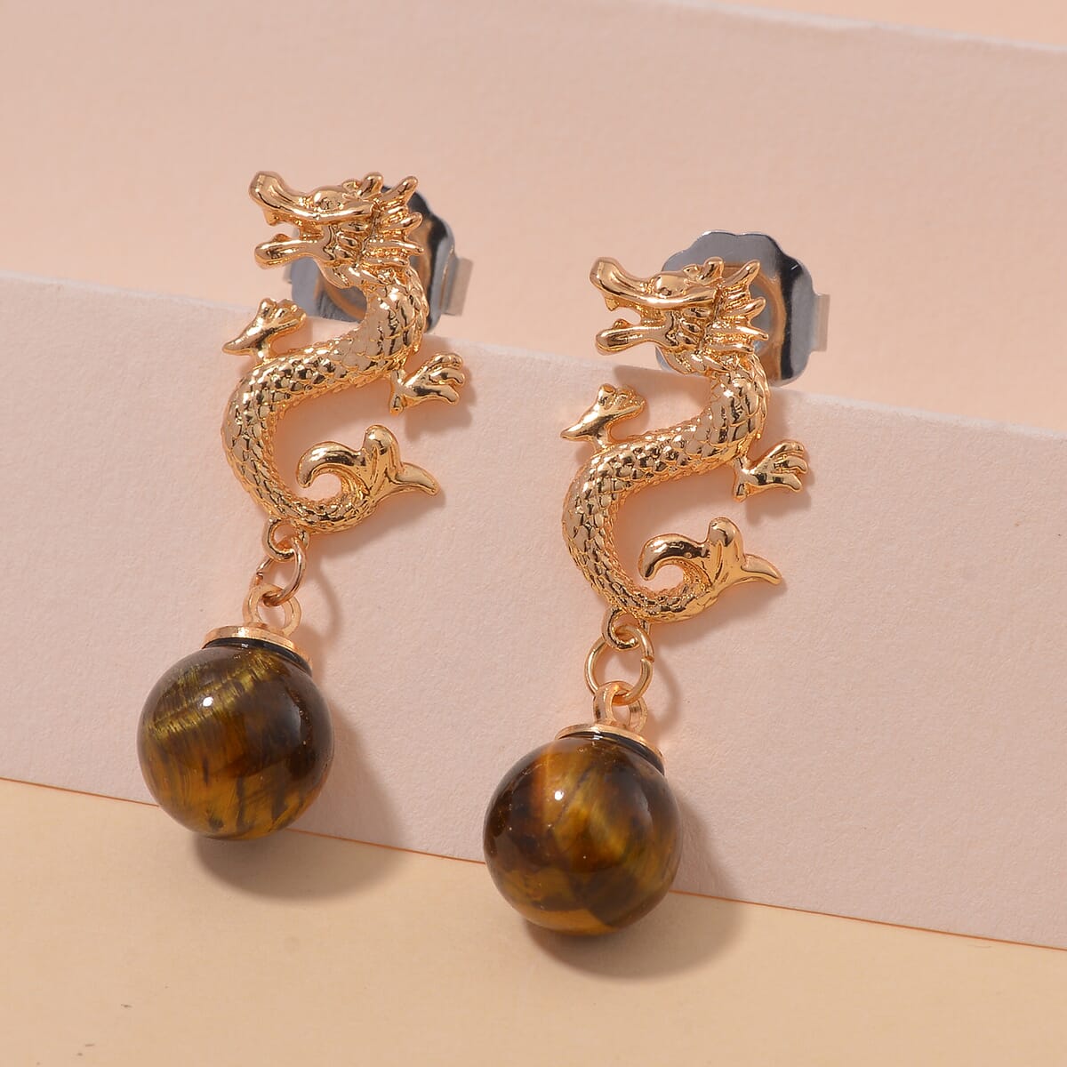 Tigers Eye's Dragon Earrings in Goldtone 15.00 ctw