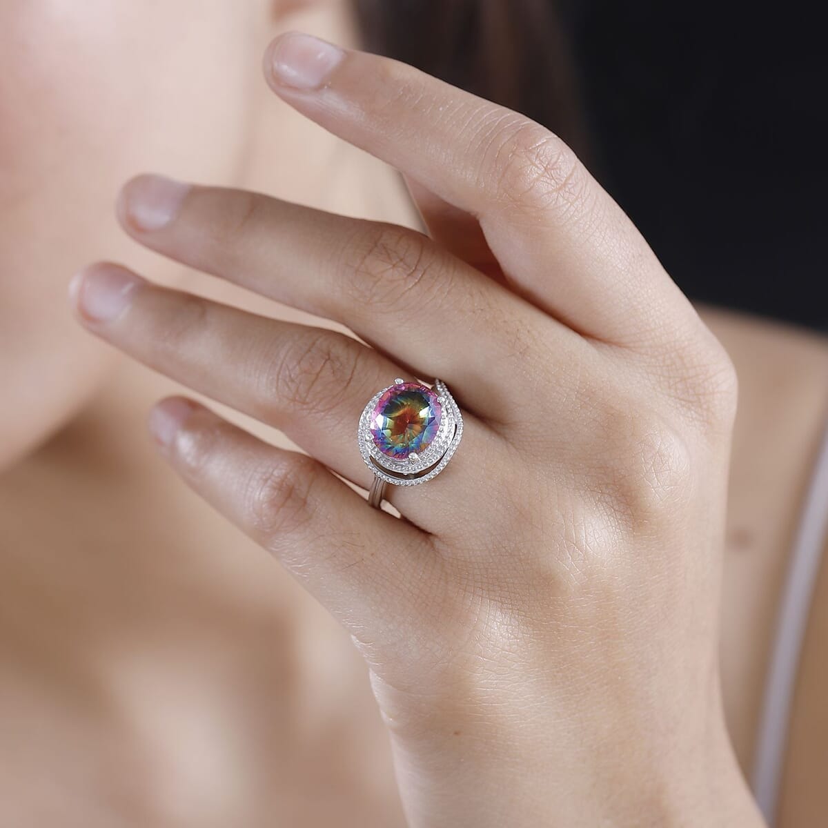 Nebula Quartz Doublet 5.00 ctw Solitaire Ring in Rhodium Over Sterling Silver (Size 9.0)