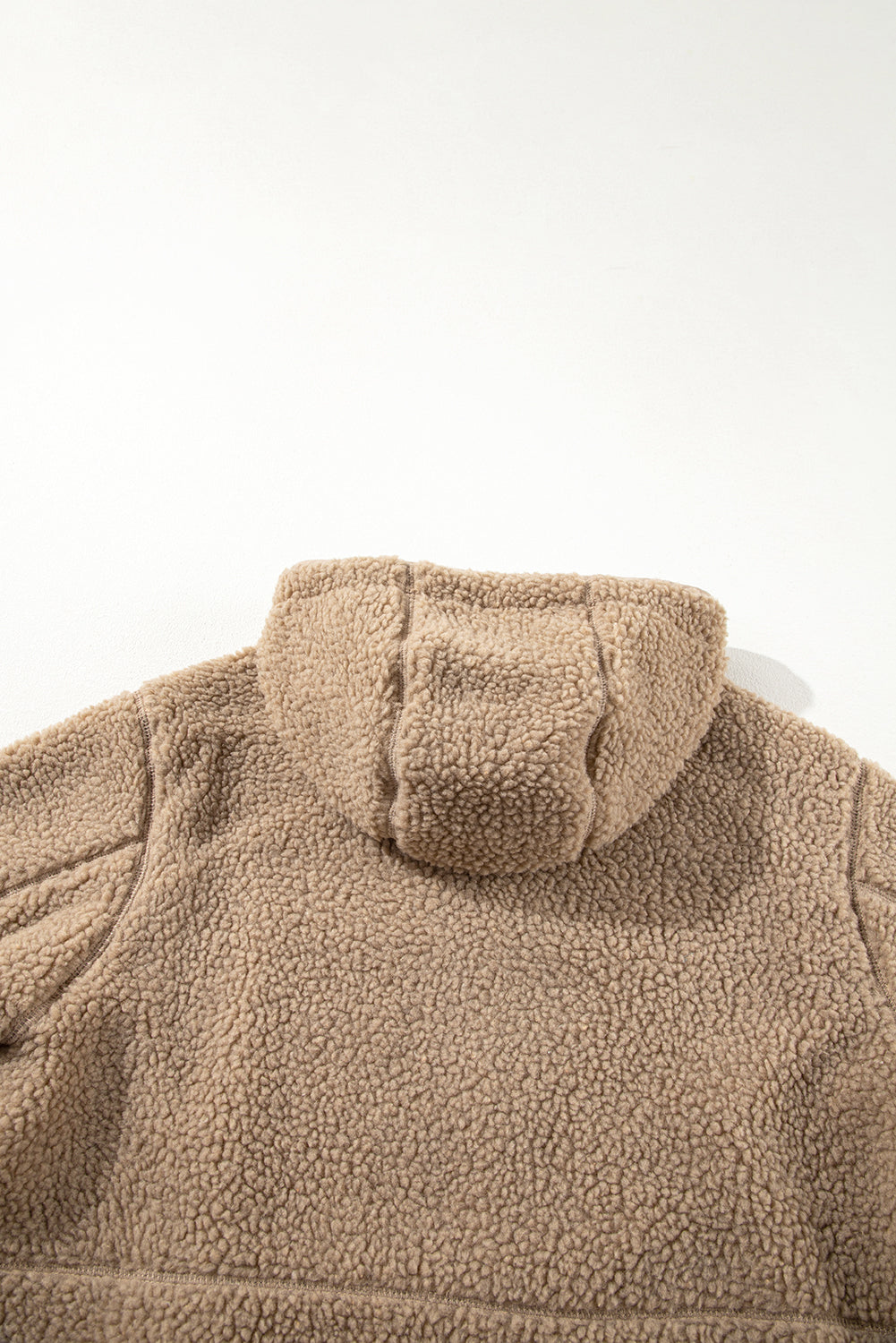 Beige Fleece Zip Up Drawstring Hooded Pocketed Jacket