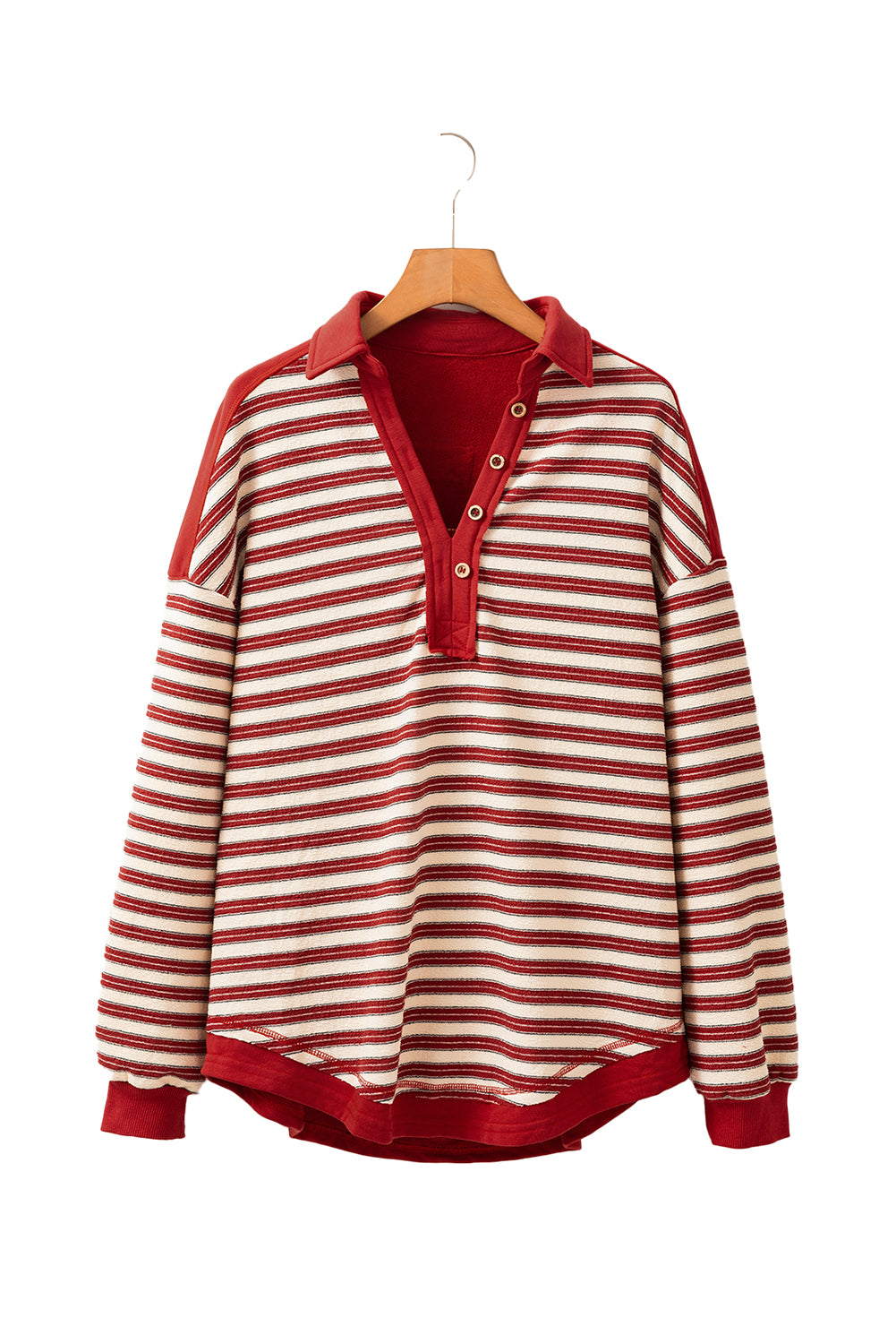 Red Stripe Buttoned V Neck Collared Drop Shoulder Top