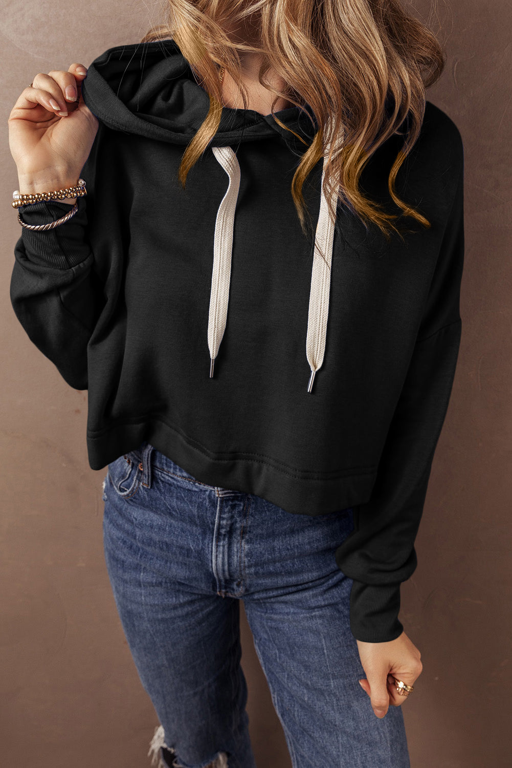 Dark Blue Solid Drop Shoulder Drawstring Cropped Hoodie