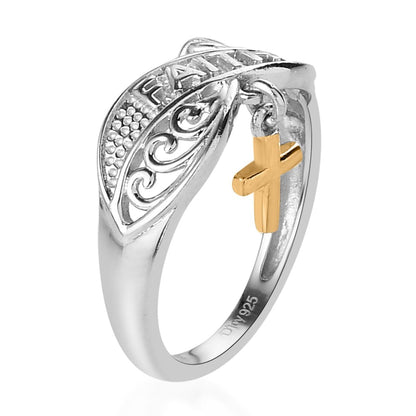 Vermeil Yellow Gold and Platinum Over Sterling Silver Cross Charm Ring 2.40 Grams