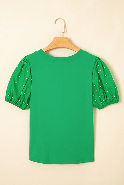 Bright Pink Ribbed Pearl Beaded Puff Sleeve Top