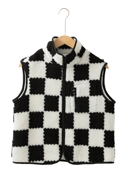 Khaki Checkered Sherpa Collared Jacket Vest