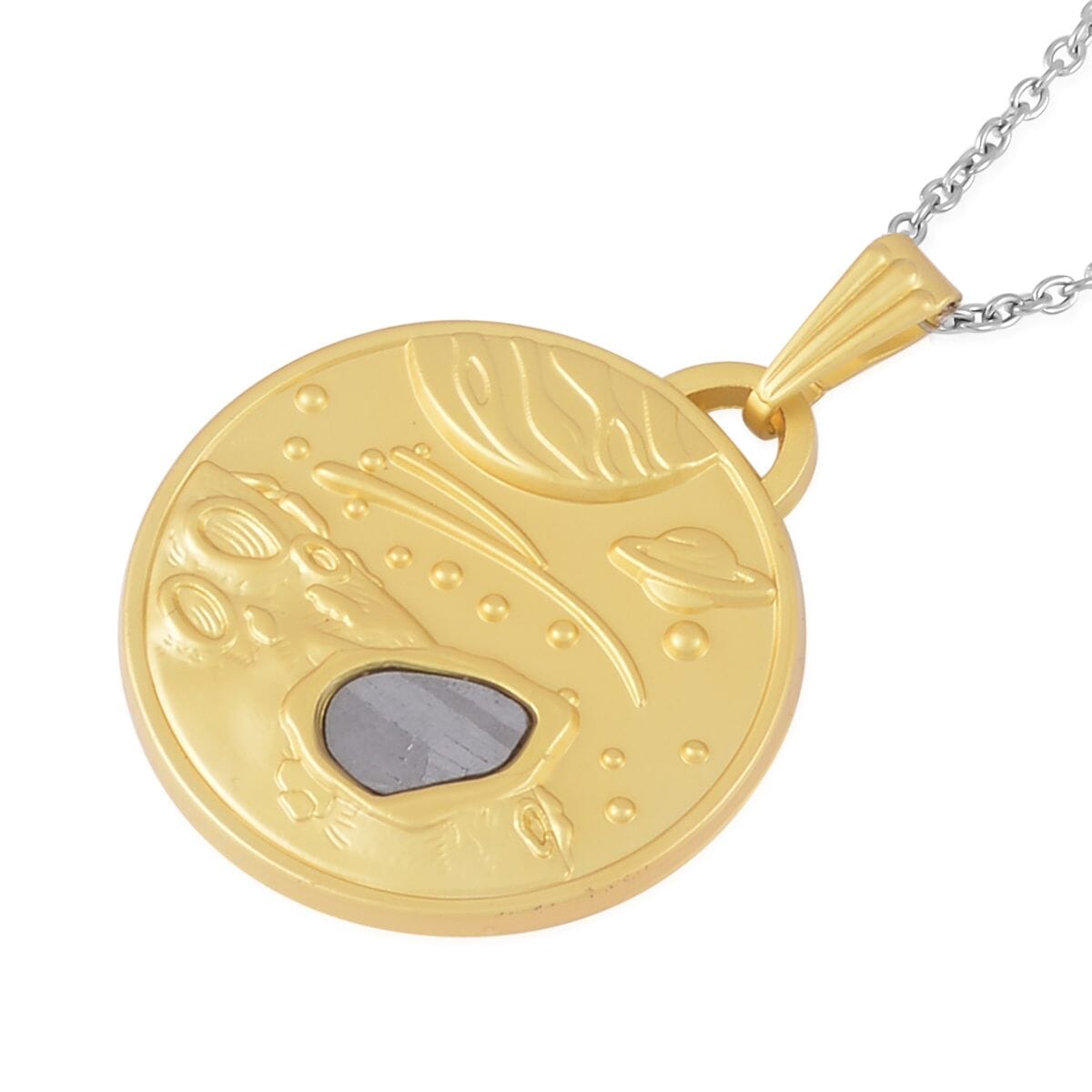 Muonionalusta Marvelous Meteorite Specimen Galaxy Pendant in Goldtone with Stainless Steel Necklace 20 Inches
