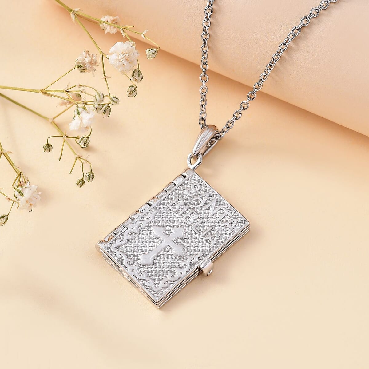 Lords Prayer Pendant in Rhodium Over Sterling Silver 6.65 Grams with Stainless Steel Necklace 20 Inches