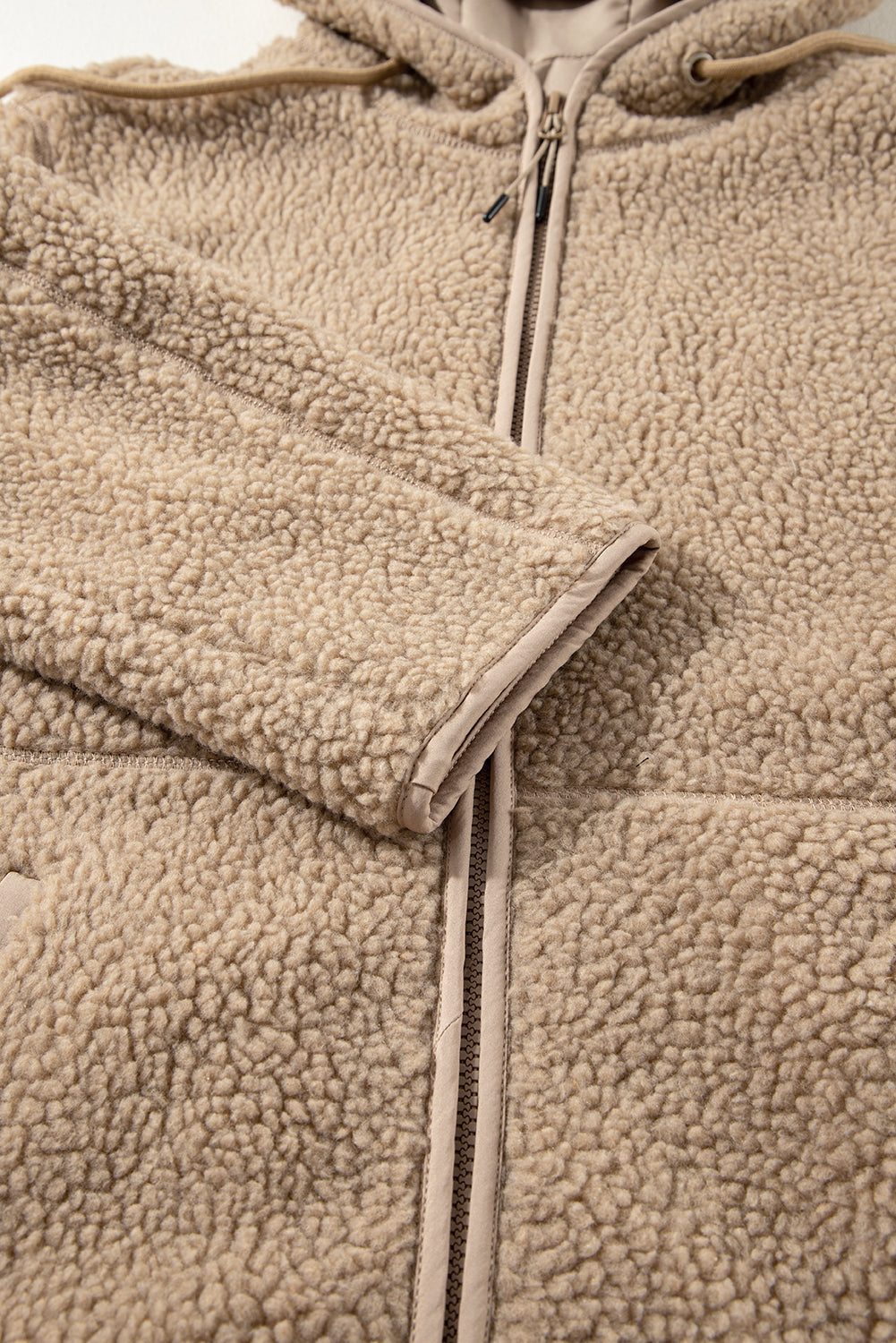 Beige Fleece Zip Up Drawstring Hooded Pocketed Jacket