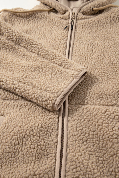 Beige Fleece Zip Up Drawstring Hooded Pocketed Jacket