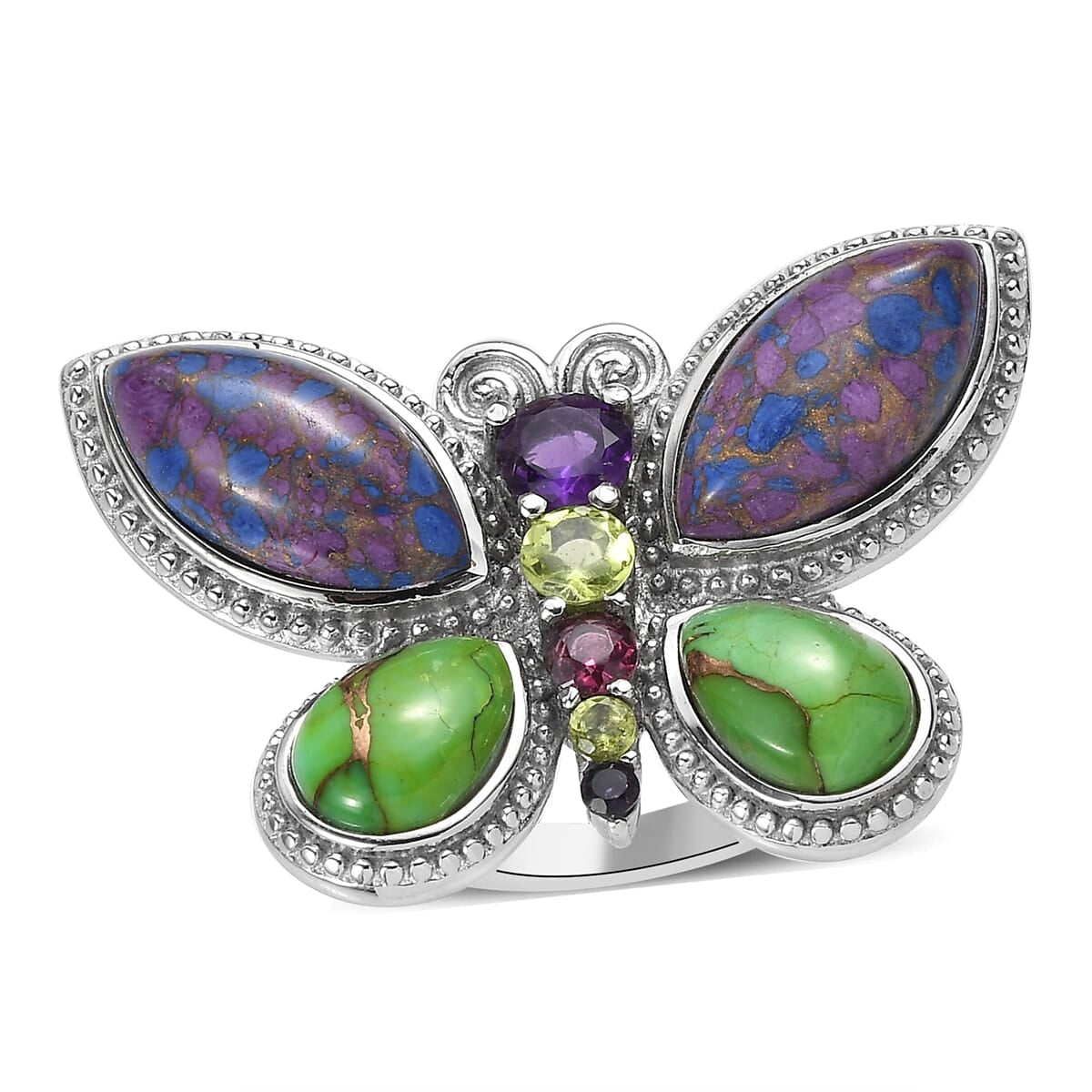 Mojave Purple Turquoise and Multi Gemstone Butterfly Ring in Stainless Steel 9.10 ctw