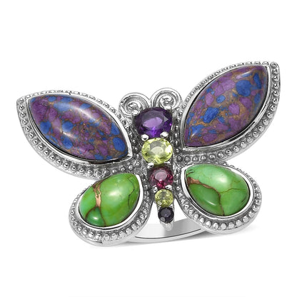 Mojave Purple Turquoise and Multi Gemstone Butterfly Ring in Stainless Steel 9.10 ctw