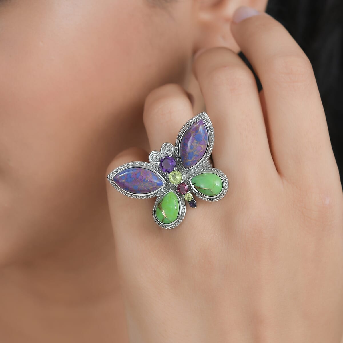 Mojave Purple Turquoise and Multi Gemstone Butterfly Ring in Stainless Steel 9.10 ctw