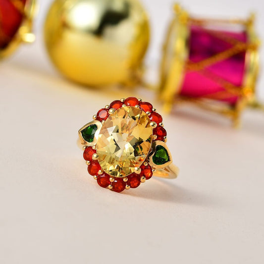 Yellow Labradorite and Multi Gemstone Halo Ring in Vermeil Yellow Gold Over Sterling Silver 6.35 ctw