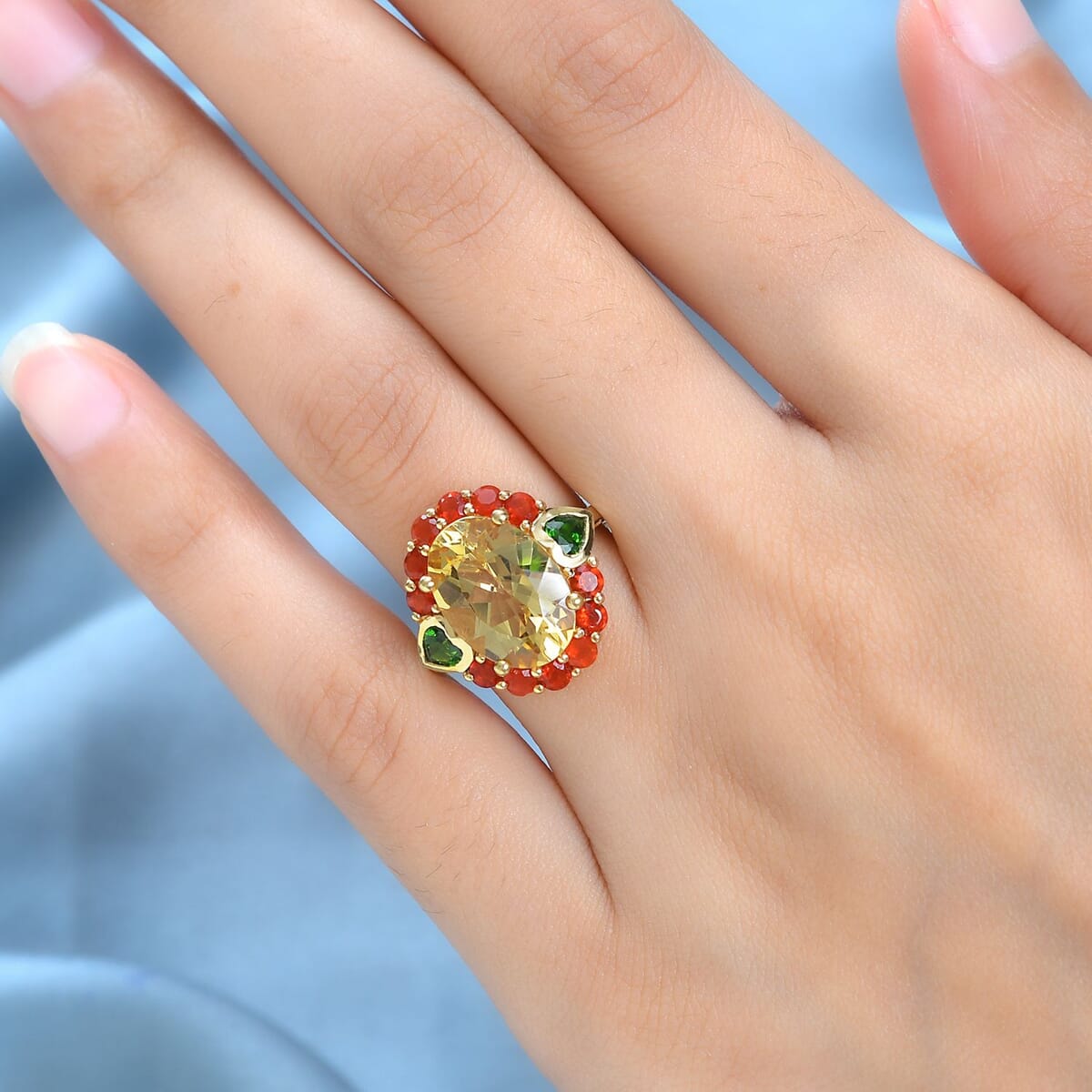 Yellow Labradorite and Multi Gemstone Halo Ring in Vermeil Yellow Gold Over Sterling Silver 6.35 ctw