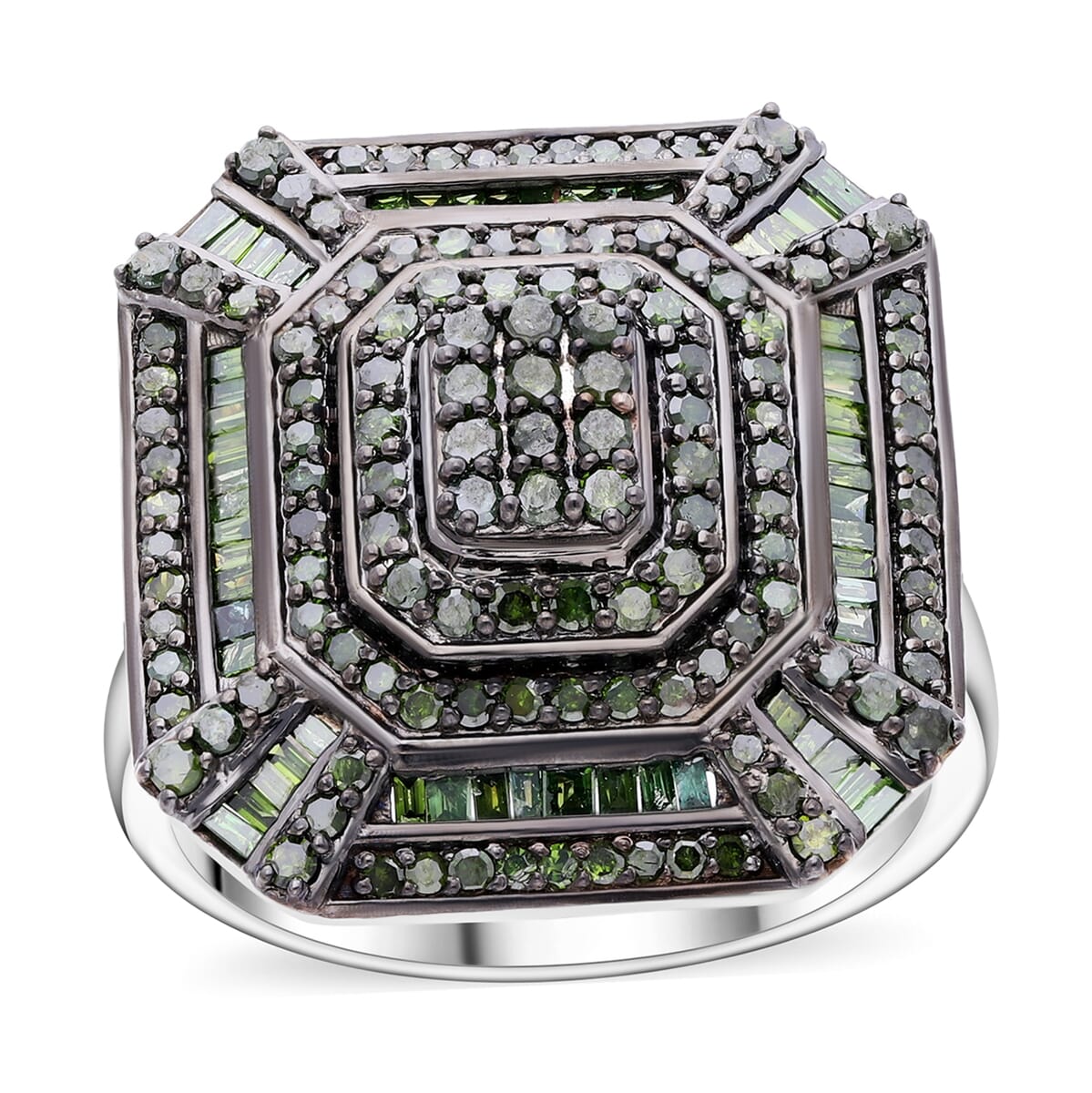Green Diamond (IR) Art Deco Ring in Platinum Over Sterling Silver