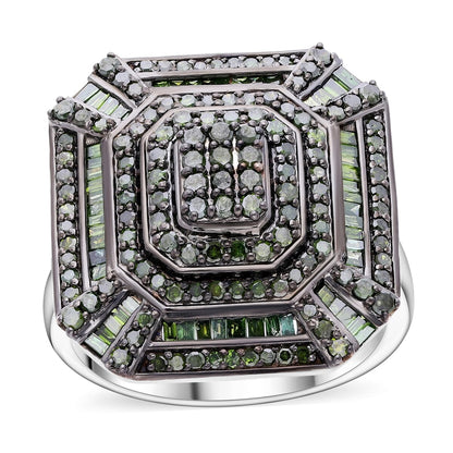 Green Diamond (IR) Art Deco Ring in Platinum Over Sterling Silver