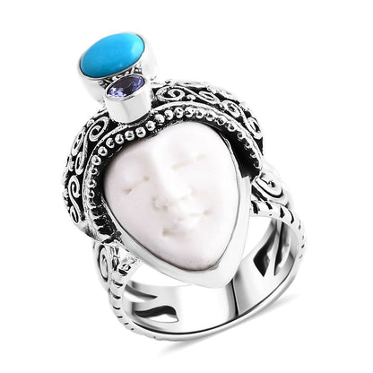 Bali Goddess Carved Bone and Multi Gemstone 1.00 ctw Ring in Sterling Silver