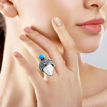 Bali Goddess Carved Bone and Multi Gemstone 1.00 ctw Ring in Sterling Silver