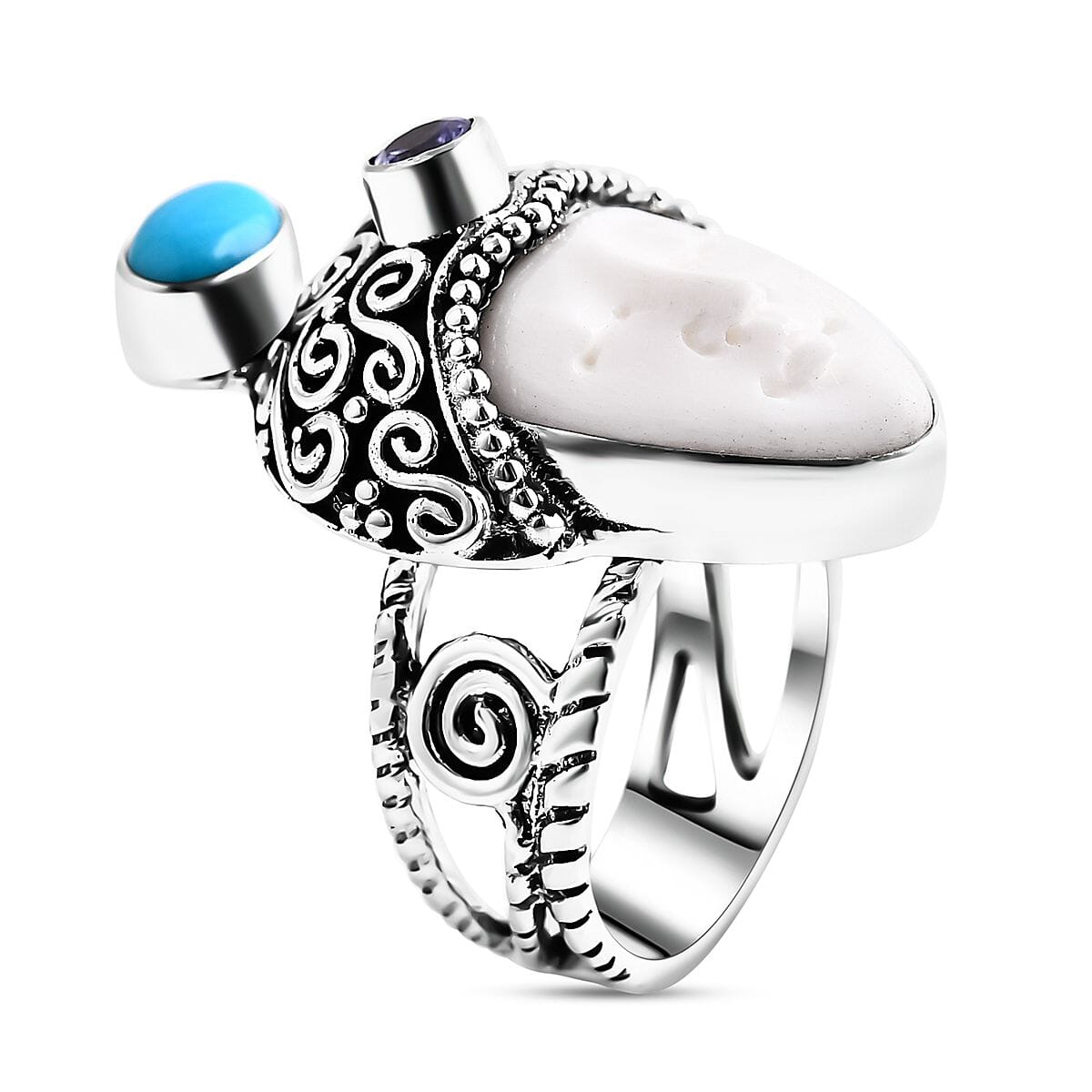 Bali Goddess Carved Bone and Multi Gemstone 1.00 ctw Ring in Sterling Silver