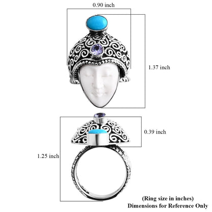 Bali Goddess Carved Bone and Multi Gemstone 1.00 ctw Ring in Sterling Silver