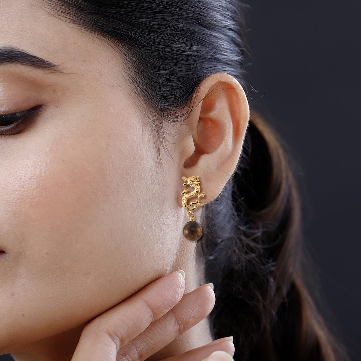 Tigers Eye's Dragon Earrings in Goldtone 15.00 ctw