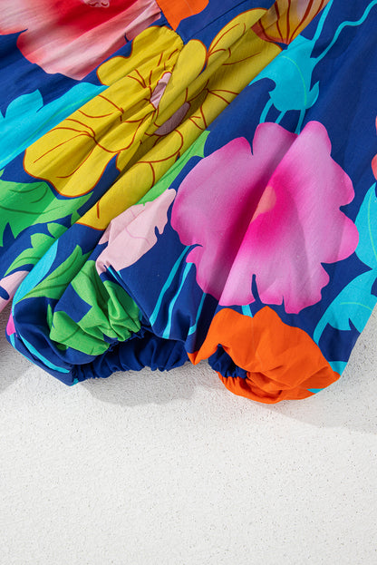 Dark Blue Floral Print Split Neck Babydoll Dress