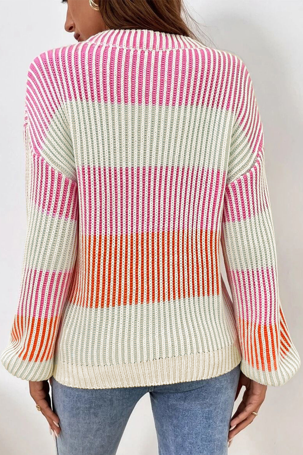 Multicolour Colorblock Textured Knit Bubble Sleeve Sweater