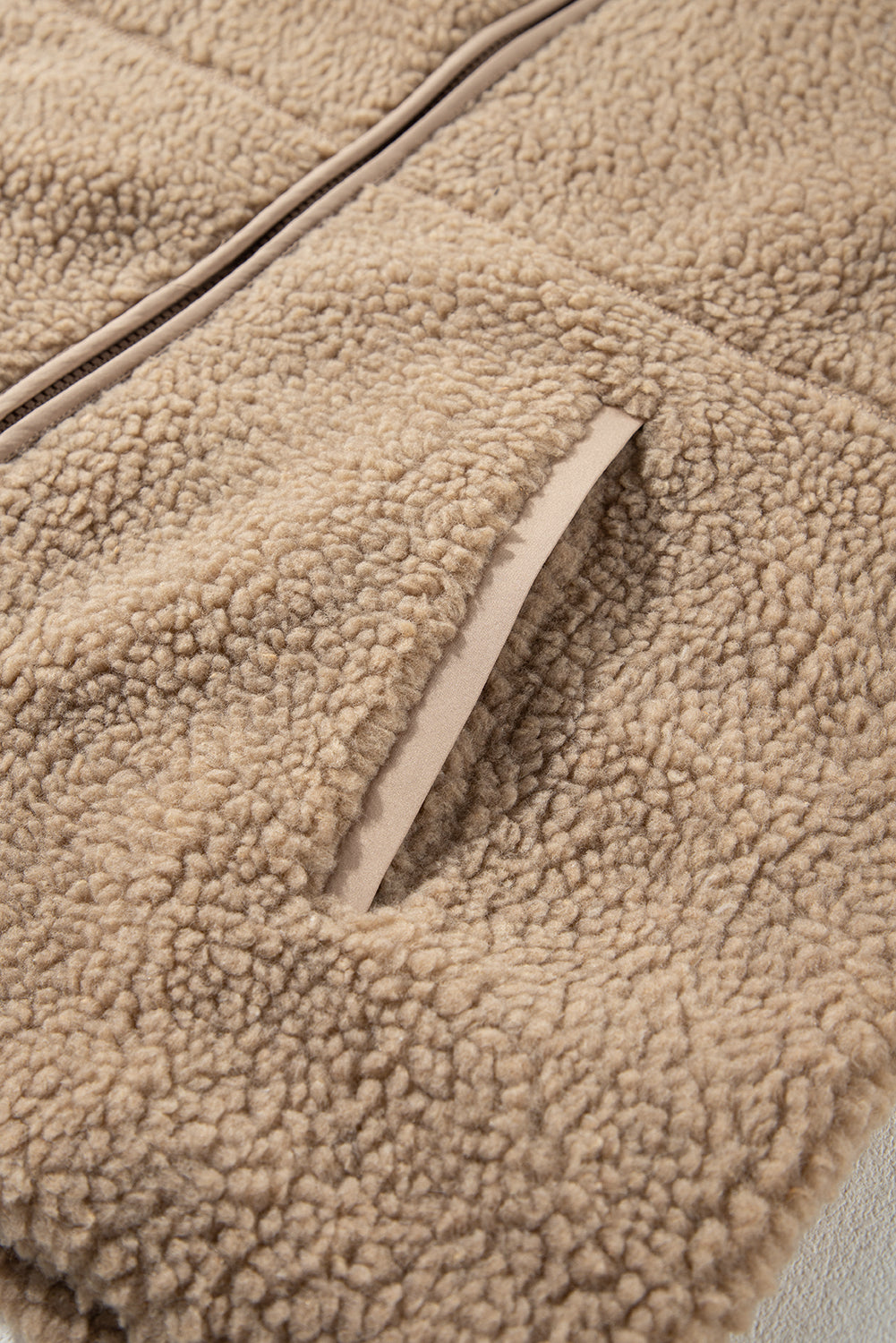 Beige Fleece Zip Up Drawstring Hooded Pocketed Jacket