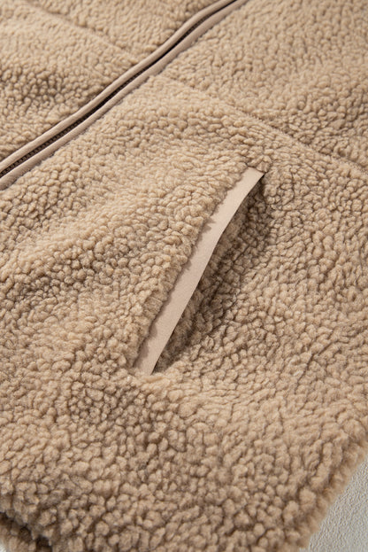Beige Fleece Zip Up Drawstring Hooded Pocketed Jacket