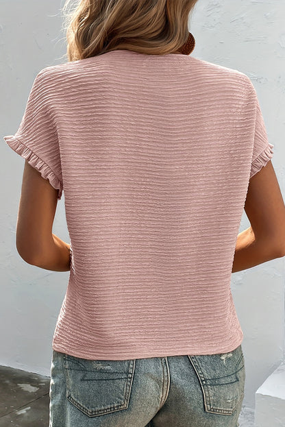 Light Pink Solid Textured Ruffled Short Sleeve Blouse
