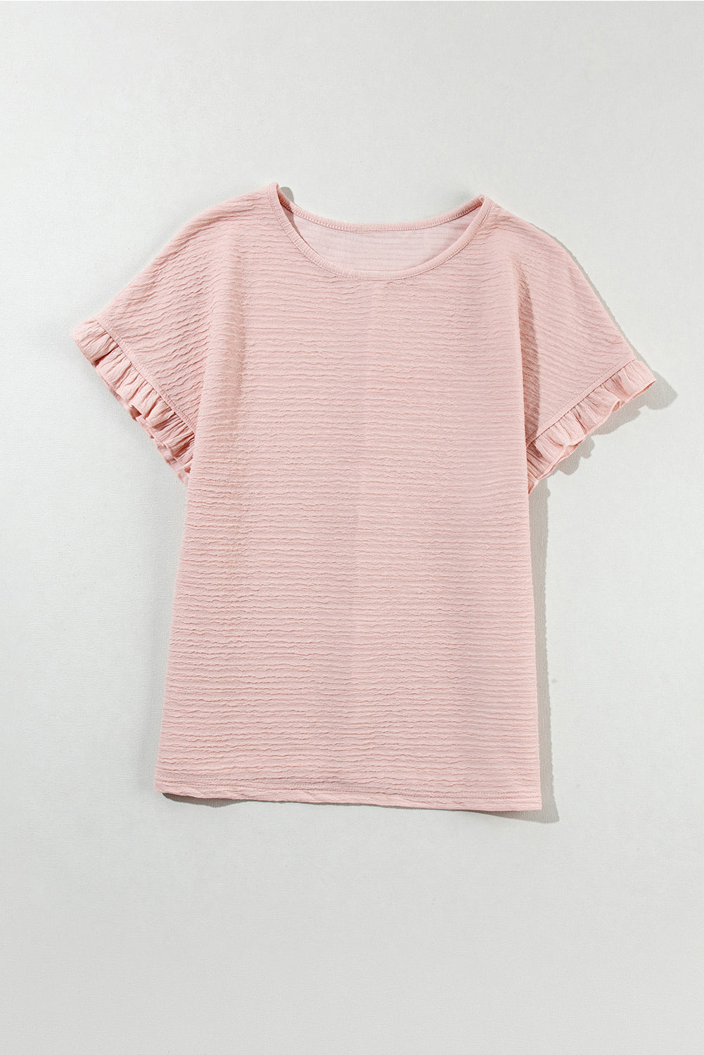 Light Pink Solid Textured Ruffled Short Sleeve Blouse
