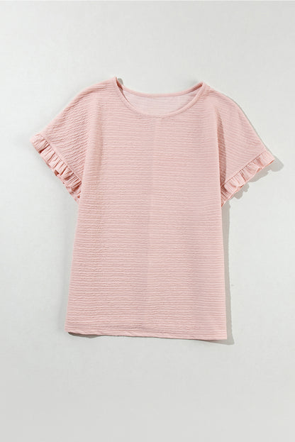 Light Pink Solid Textured Ruffled Short Sleeve Blouse