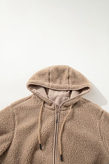 Beige Fleece Zip Up Drawstring Hooded Pocketed Jacket
